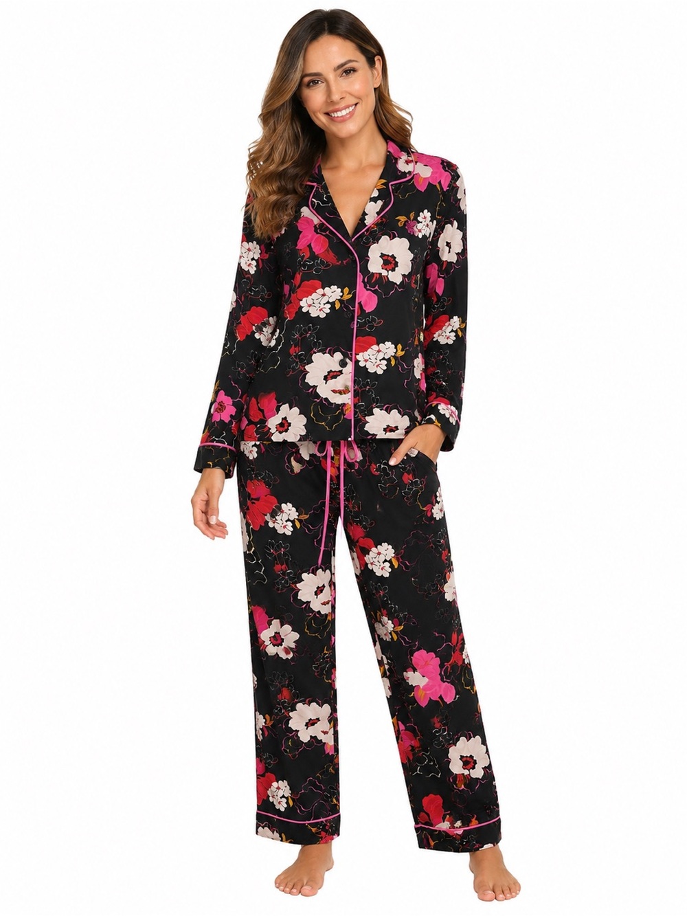 Floral Pajama Set - Black & Pink - 0593